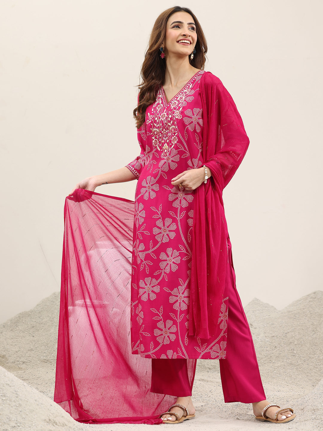 Pink Printed Silk Blend Straight Suit With Dupatta