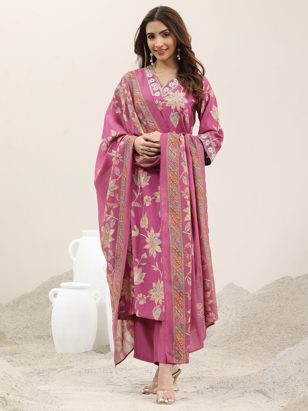 Pink Printed Silk Blend Straight Suit With Dupatta