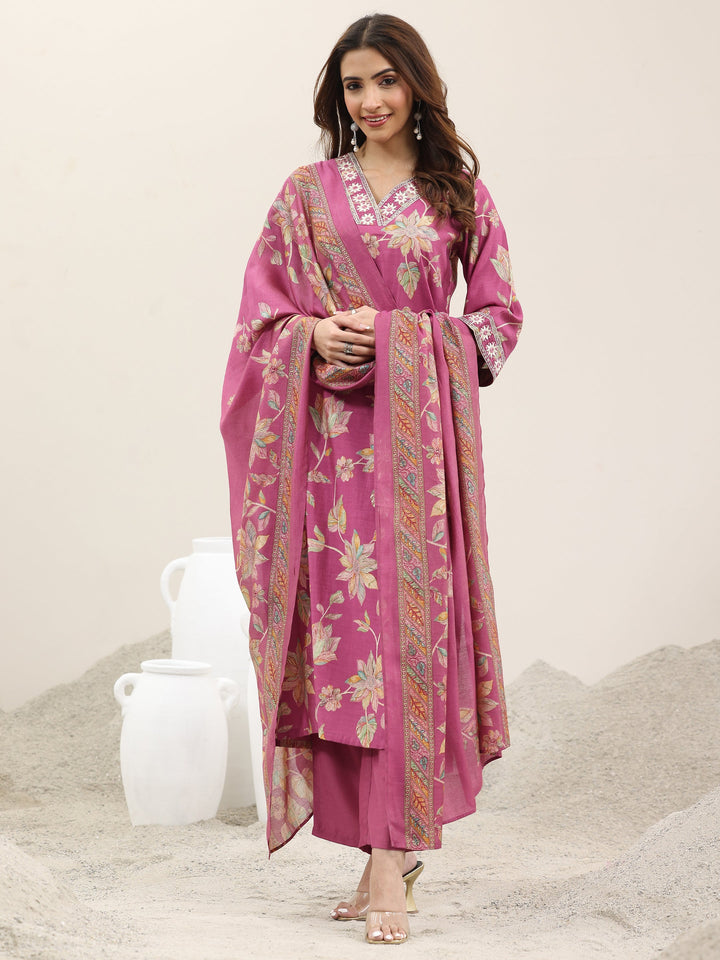 Pink Printed Silk Blend Straight Suit With Dupatta