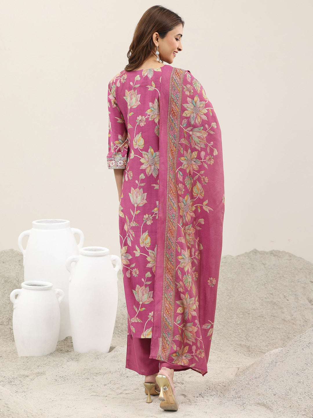 Pink Printed Silk Blend Straight Suit With Dupatta