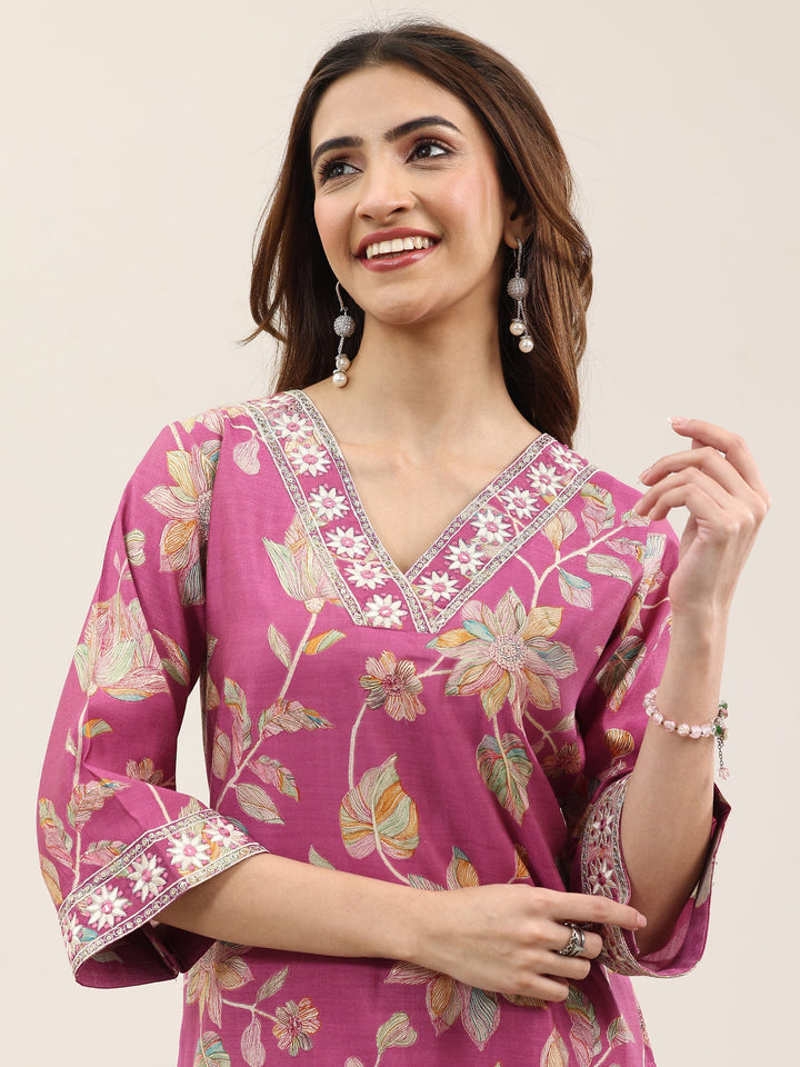 Pink Printed Silk Blend Straight Suit With Dupatta