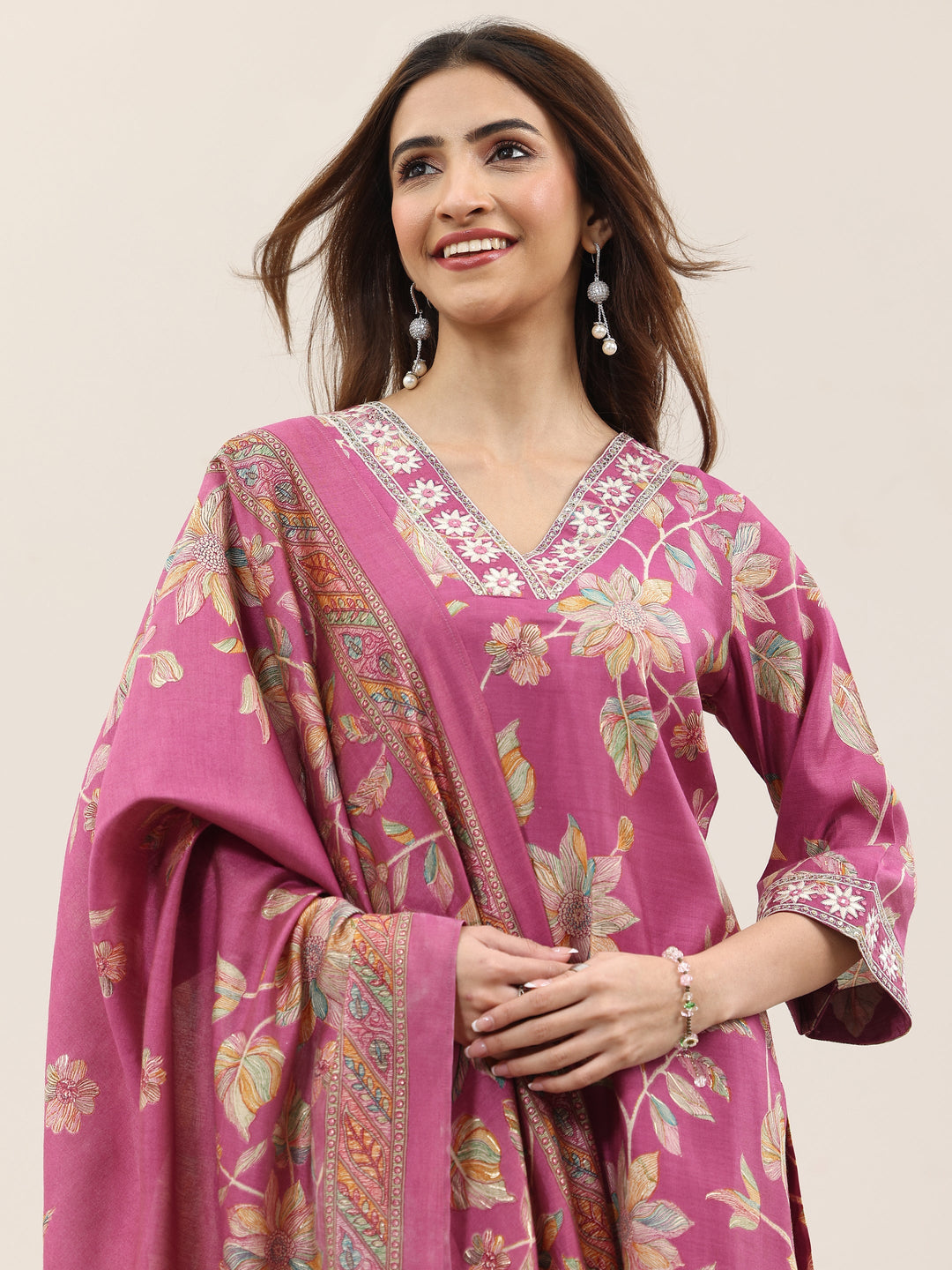 Pink Printed Silk Blend Straight Suit With Dupatta
