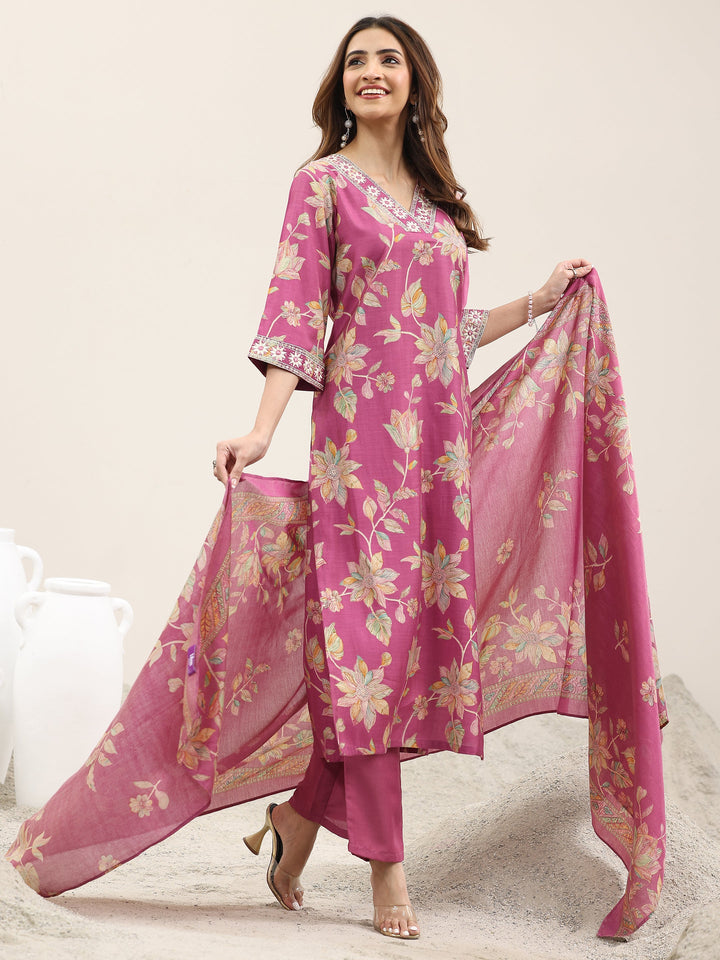 Pink Printed Silk Blend Straight Suit With Dupatta