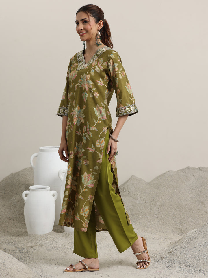 Olive Printed Silk Blend Straight Suit With Dupatta