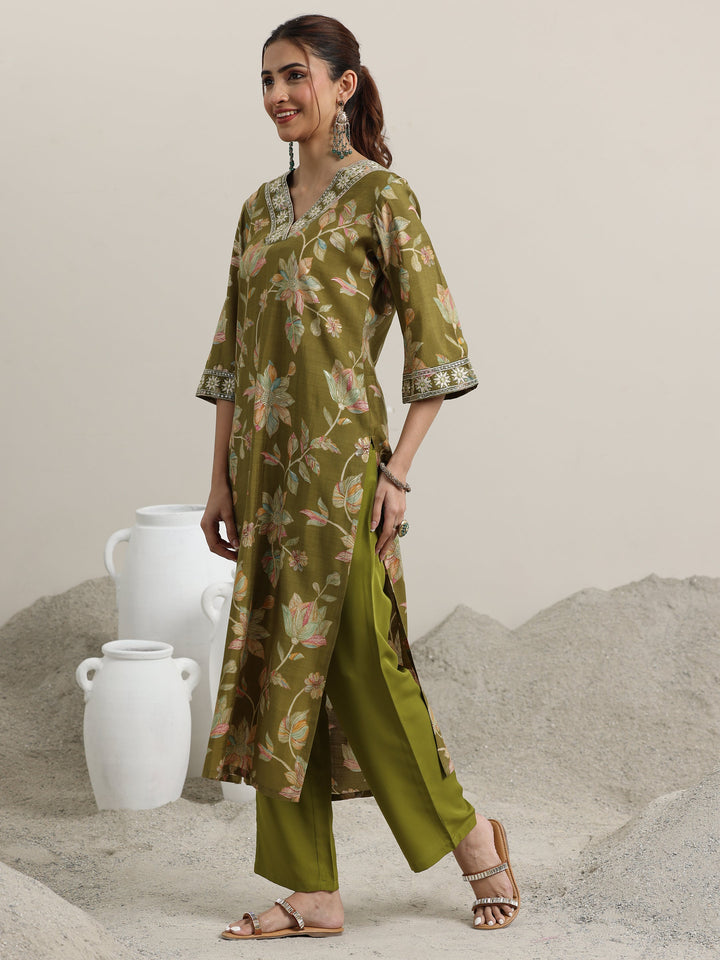 Olive Printed Silk Blend Straight Suit With Dupatta