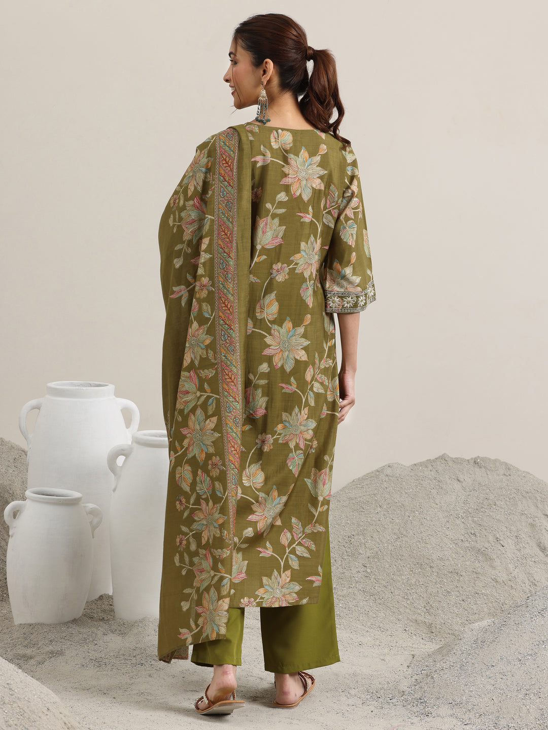 Olive Printed Silk Blend Straight Suit With Dupatta