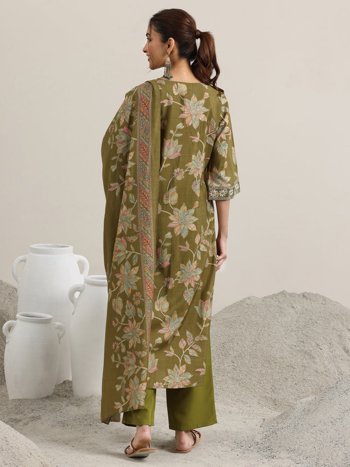 Olive Printed Silk Blend Straight Suit With Dupatta