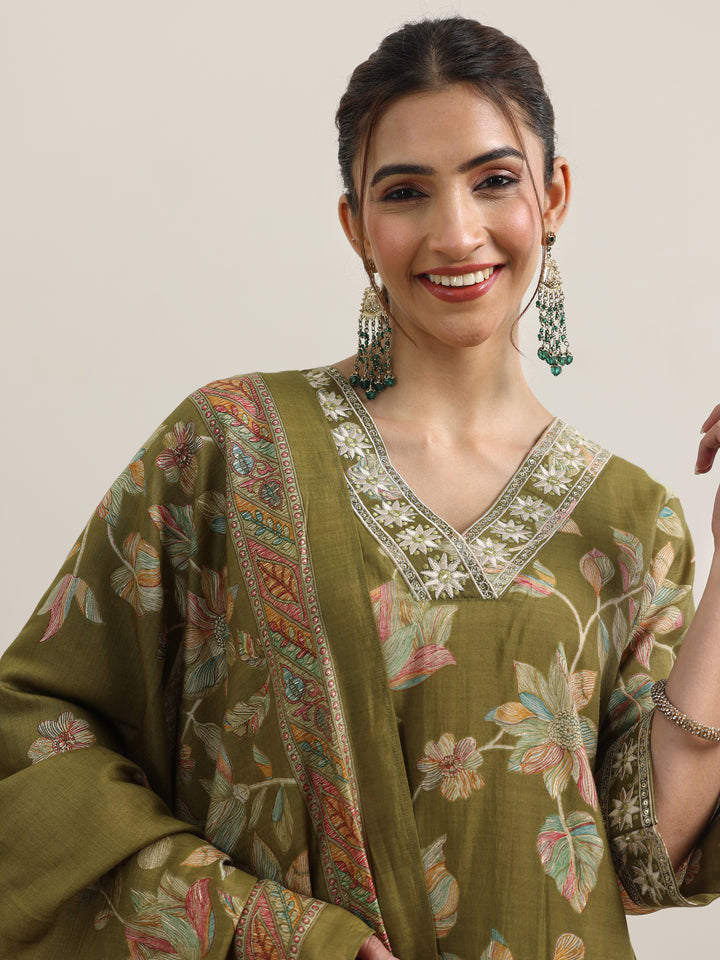 Olive Printed Silk Blend Straight Suit With Dupatta