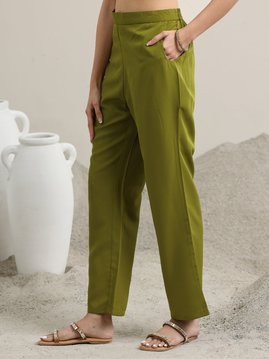 Olive Printed Silk Blend Straight Suit With Dupatta