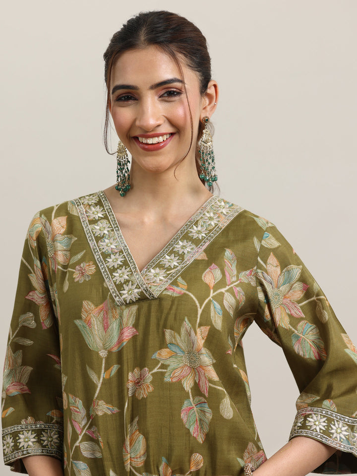 Olive Printed Silk Blend Straight Suit With Dupatta