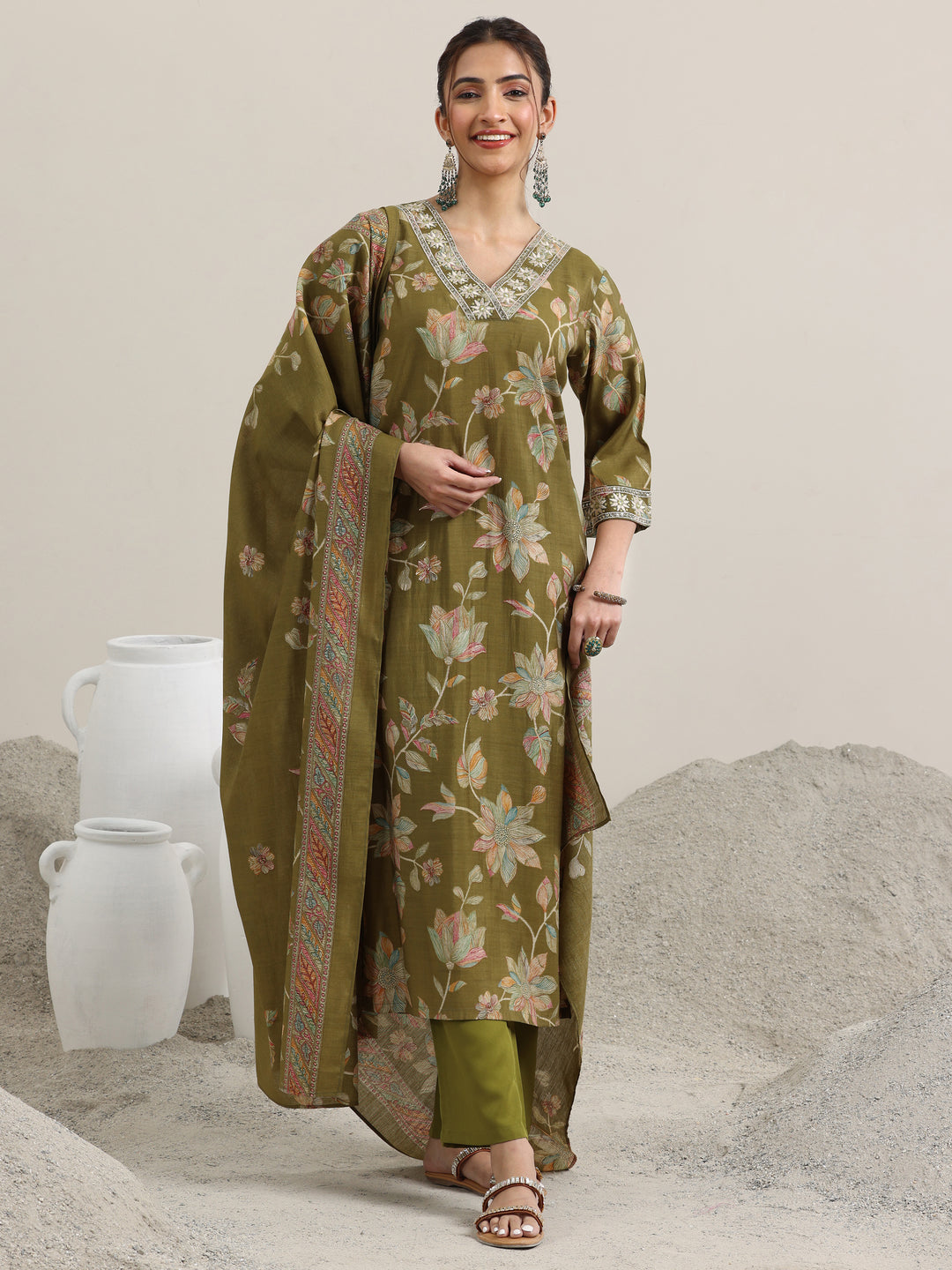 Olive Printed Silk Blend Straight Suit With Dupatta
