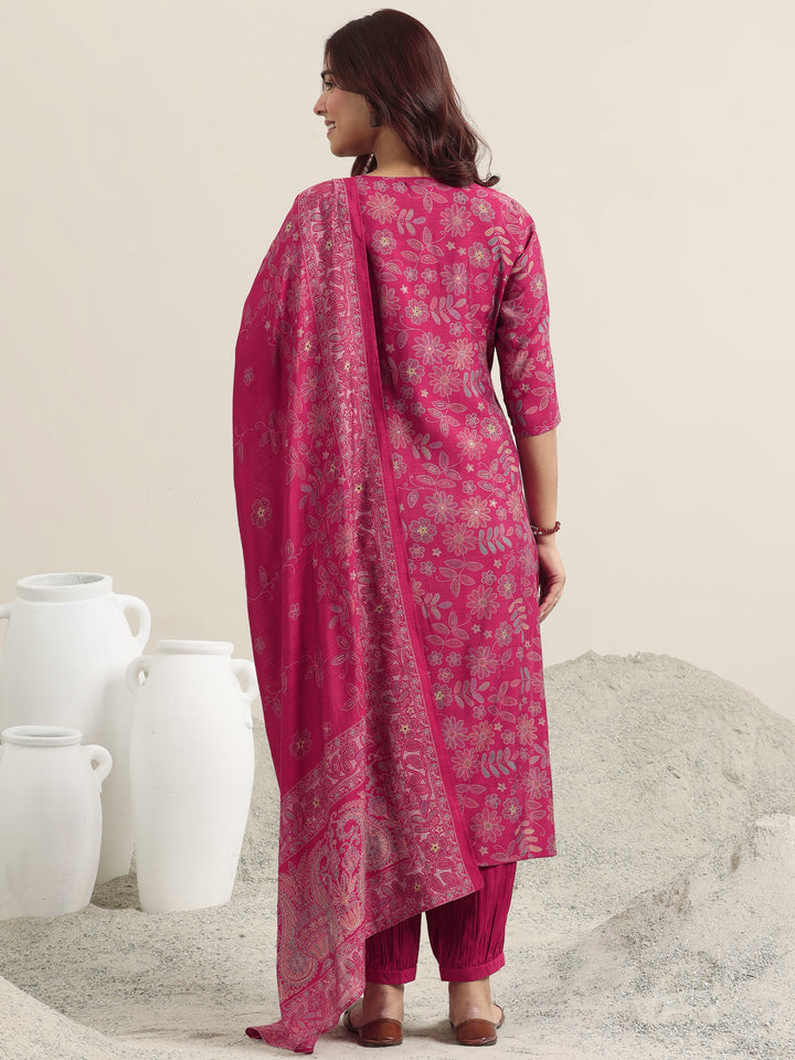 Pink Printed Silk Blend Straight Suit With Dupatta