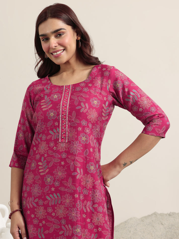 Pink Printed Silk Blend Straight Suit With Dupatta