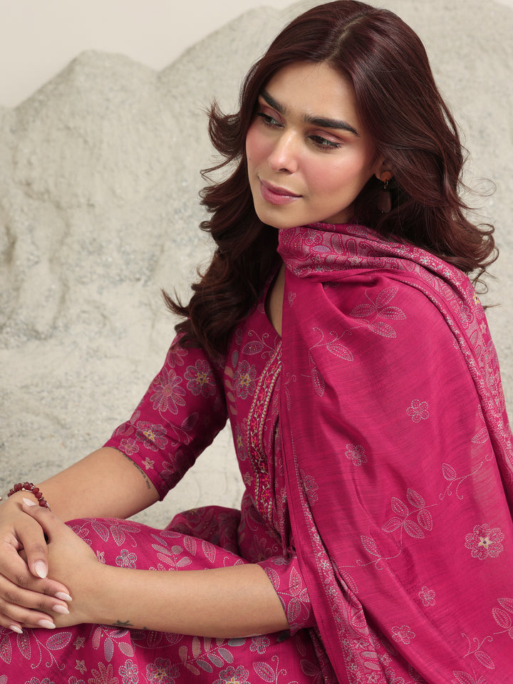 Pink Printed Silk Blend Straight Suit With Dupatta