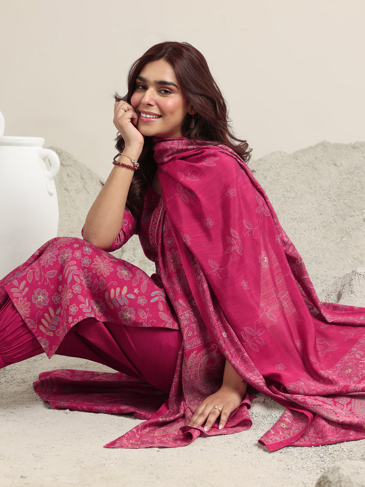 Pink Printed Silk Blend Straight Suit With Dupatta