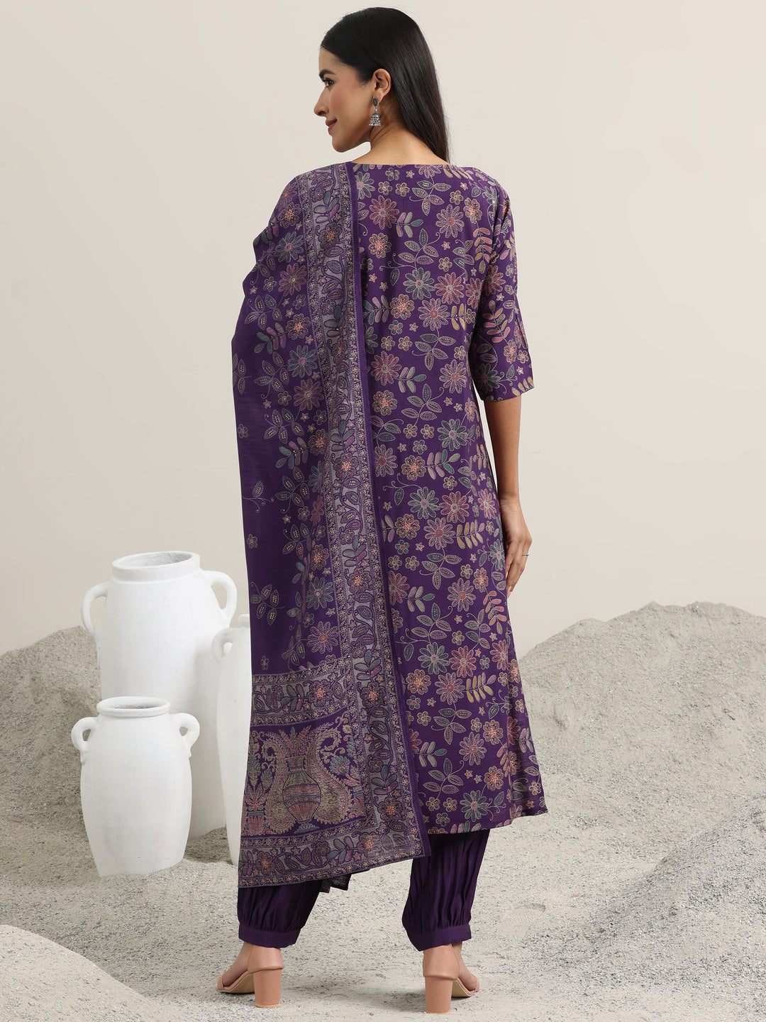 Purple Printed Silk Blend Straight Suit With Dupatta
