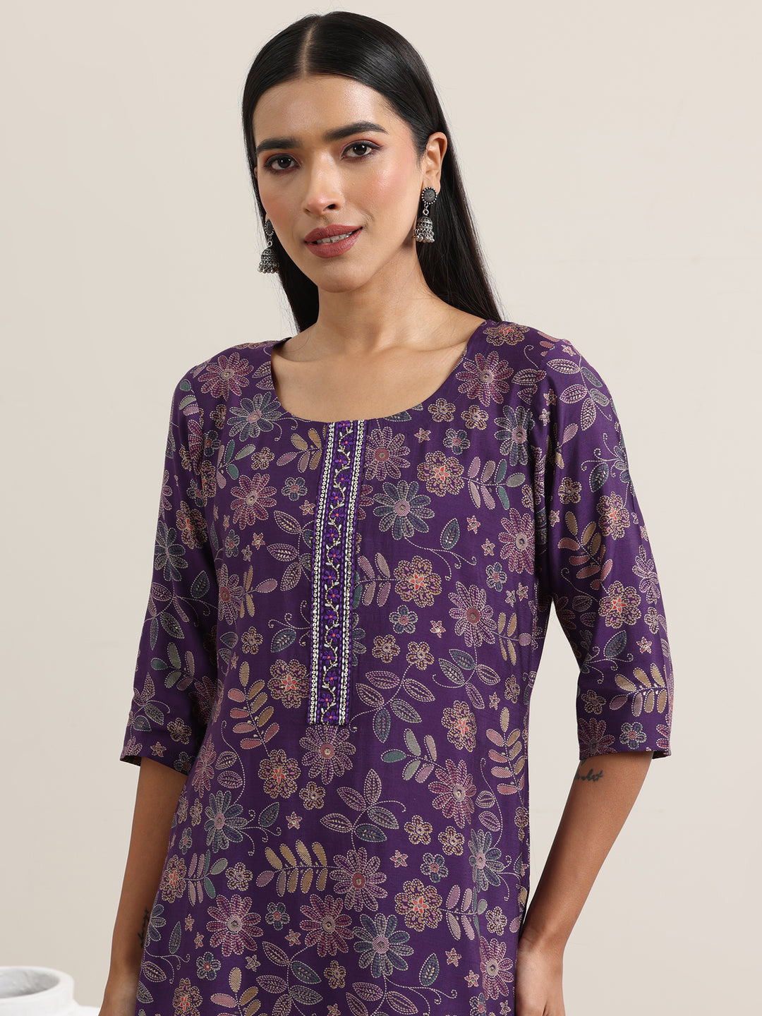 Purple Printed Silk Blend Straight Suit With Dupatta