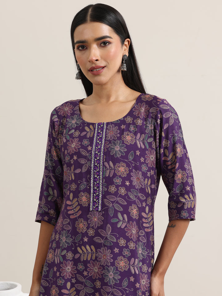 Purple Printed Silk Blend Straight Suit With Dupatta