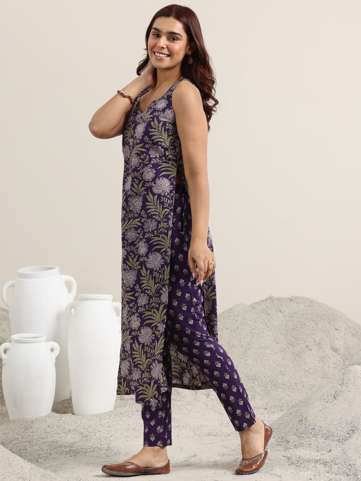 Purple Printed Cotton Straight Suit With Dupatta
