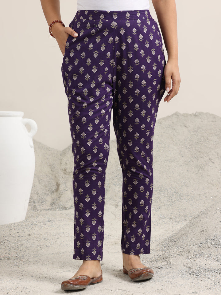 Purple Printed Cotton Straight Suit With Dupatta