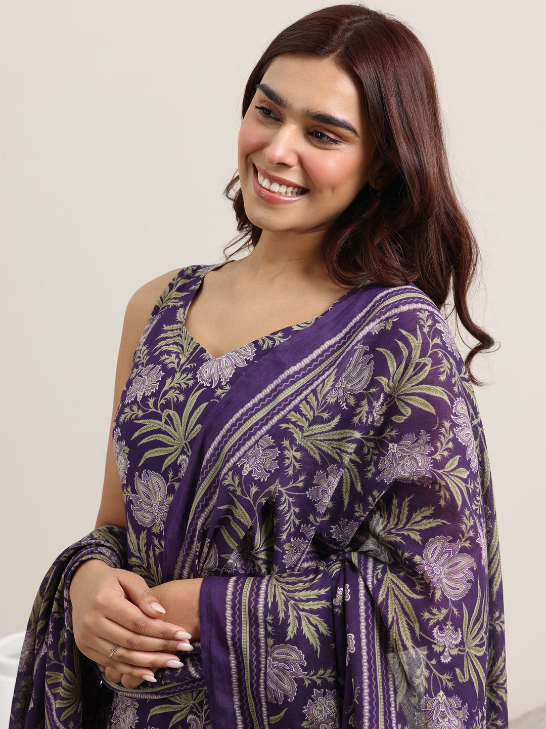 Purple Printed Cotton Straight Suit With Dupatta