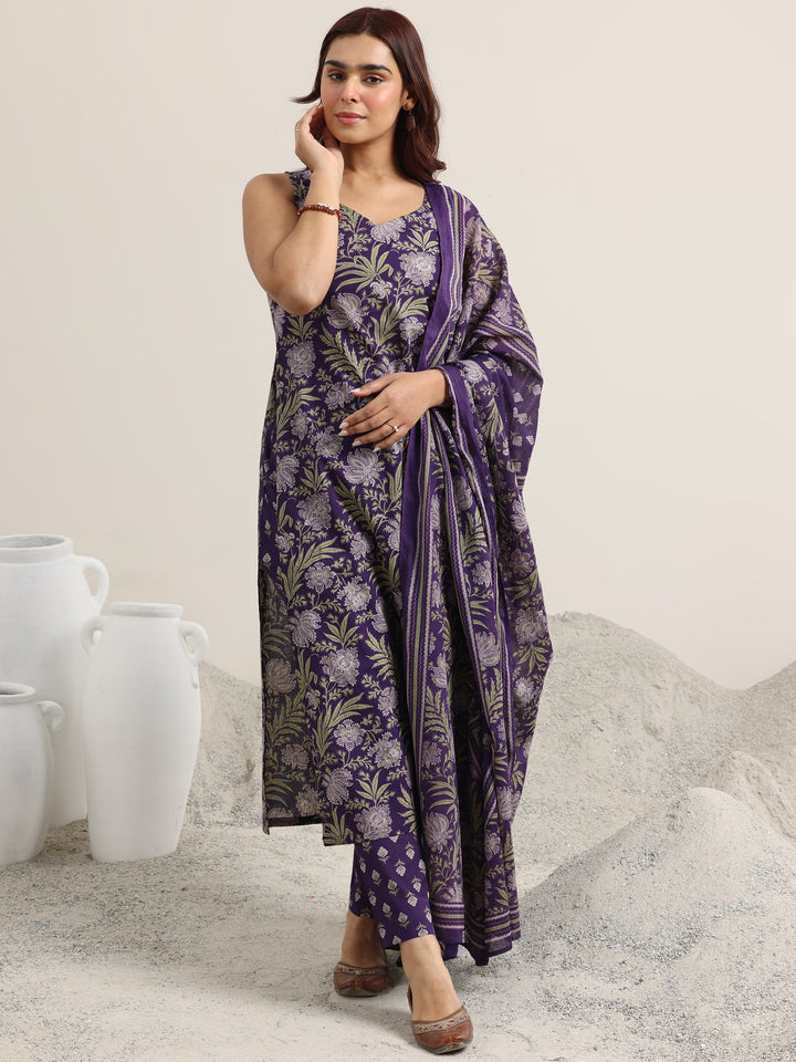 Purple Printed Cotton Straight Suit With Dupatta