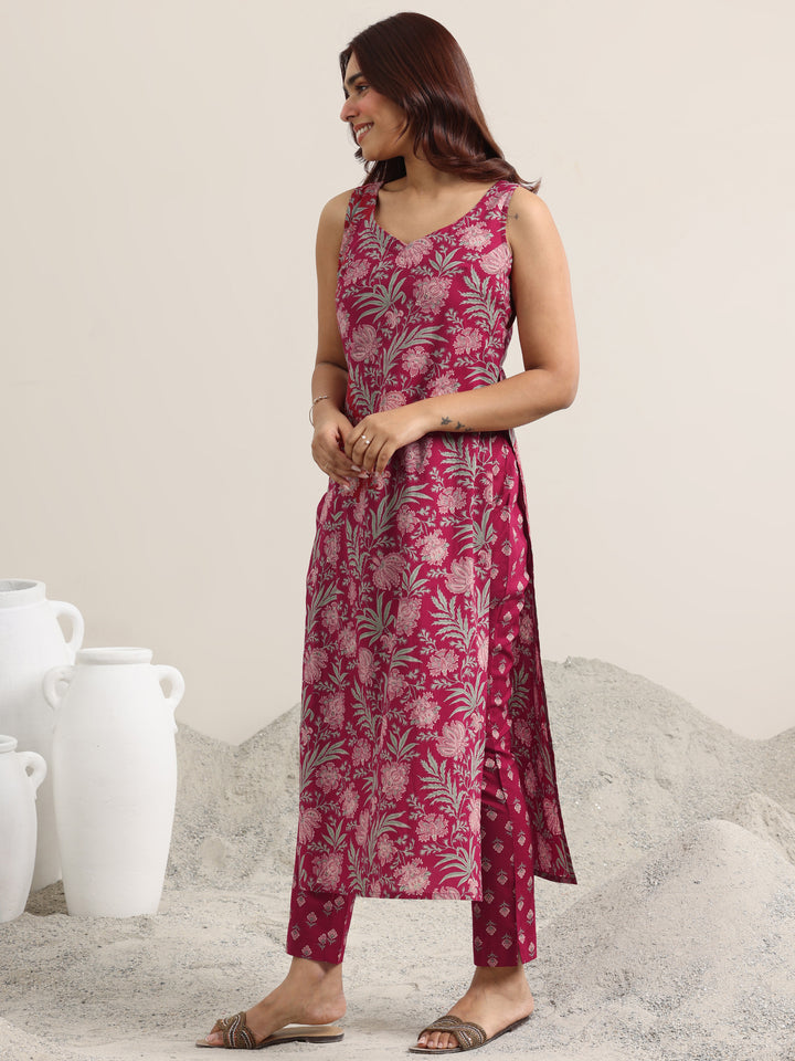 Maroon Printed Cotton Straight Suit With Dupatta