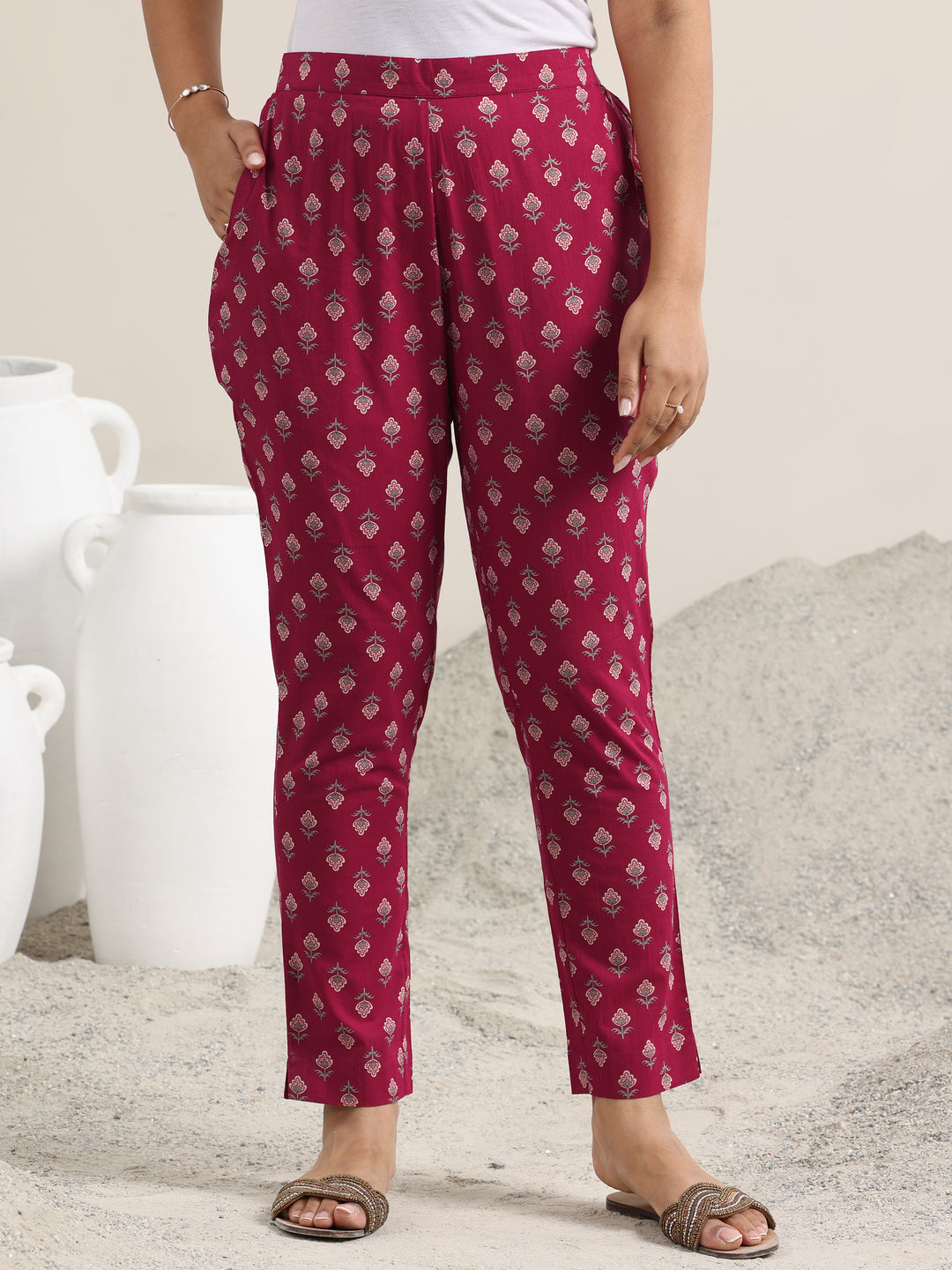 Maroon Printed Cotton Straight Suit With Dupatta