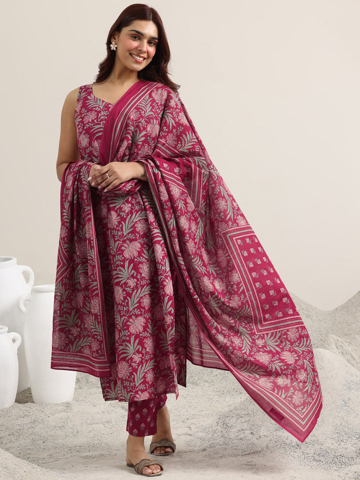 Maroon Printed Cotton Straight Suit With Dupatta
