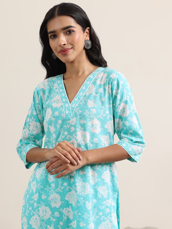 Blue Printed Cotton Straight Suit With Dupatta