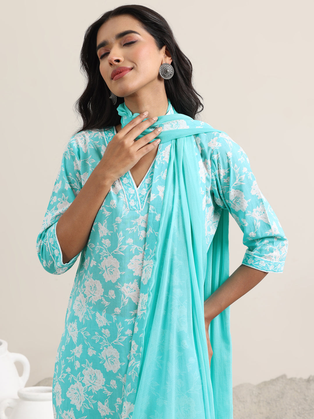 Blue Printed Cotton Straight Suit With Dupatta