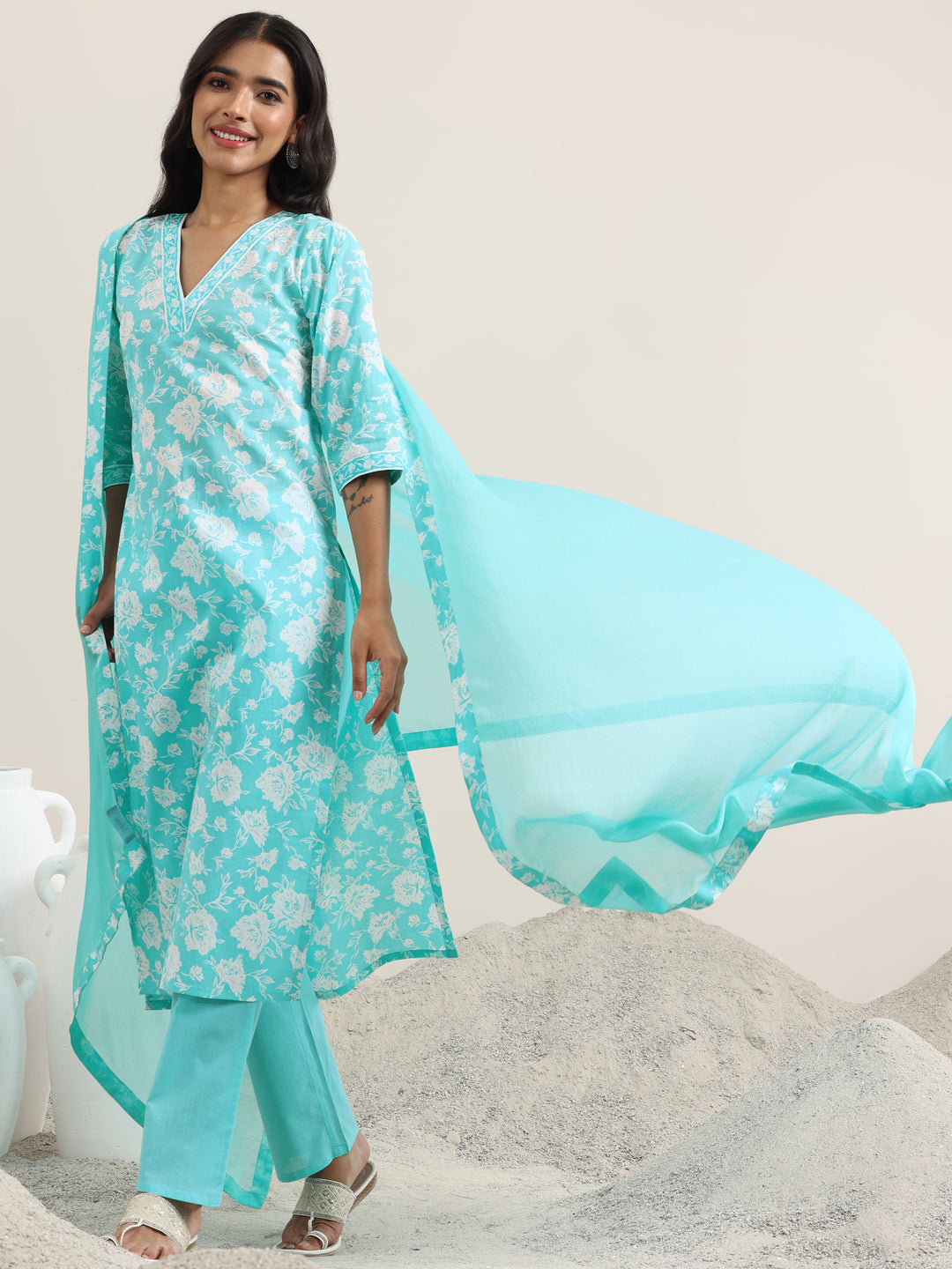 Blue Printed Cotton Straight Suit With Dupatta