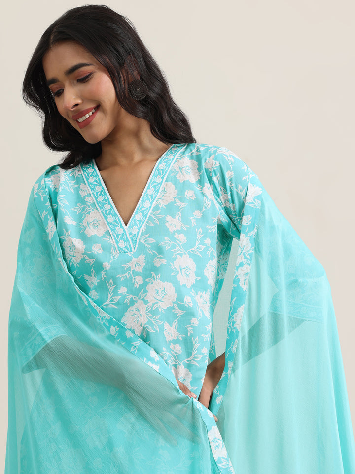 Blue Printed Cotton Straight Suit With Dupatta