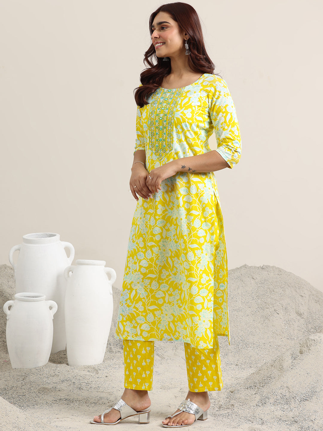 Yellow Printed Cotton Straight Suit With Dupatta