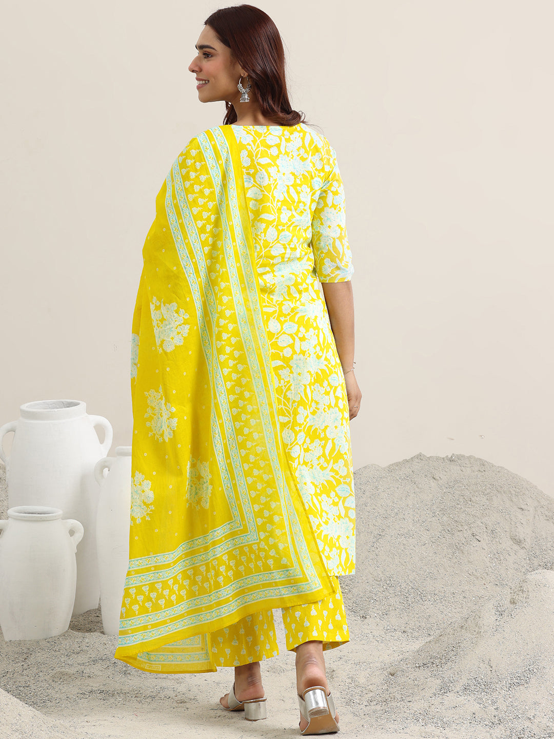 Yellow Printed Cotton Straight Suit With Dupatta