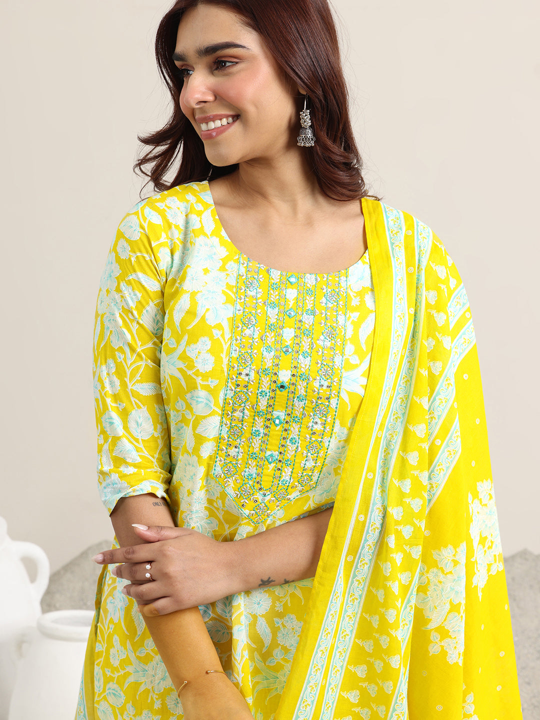 Yellow Printed Cotton Straight Suit With Dupatta