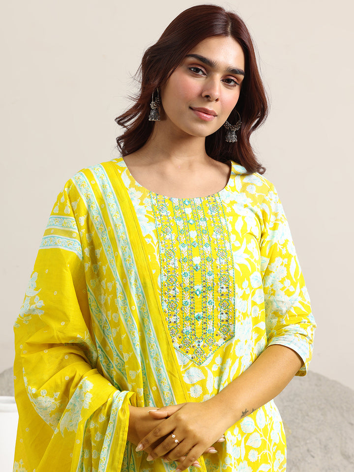 Yellow Printed Cotton Straight Suit With Dupatta