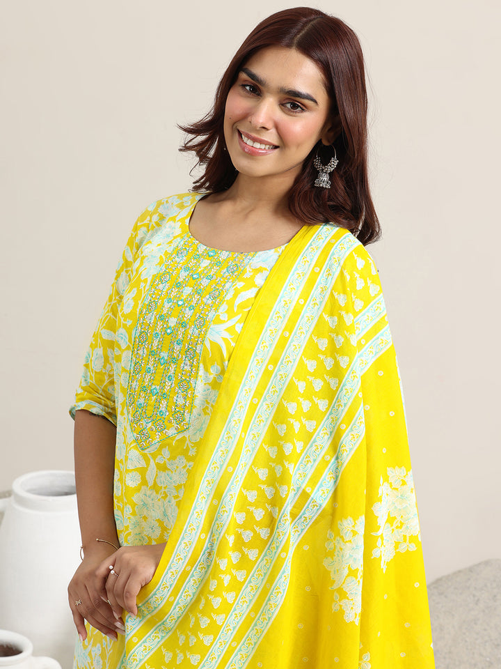 Yellow Printed Cotton Straight Suit With Dupatta