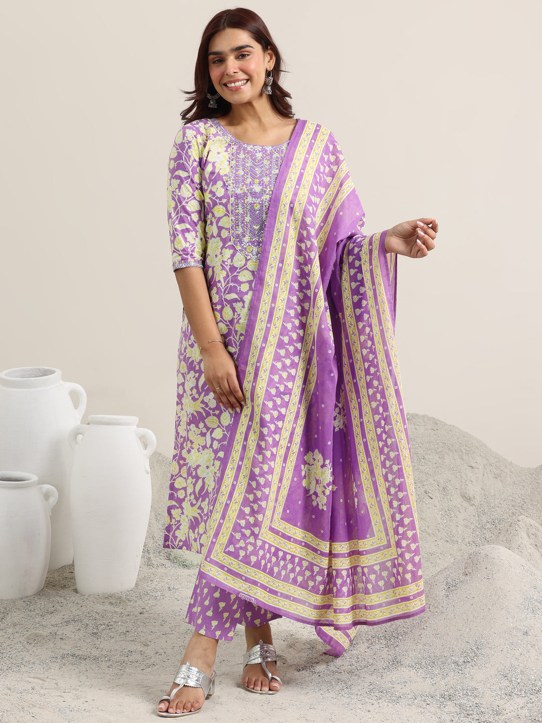 Lavender Printed Cotton Straight Suit With Dupatta