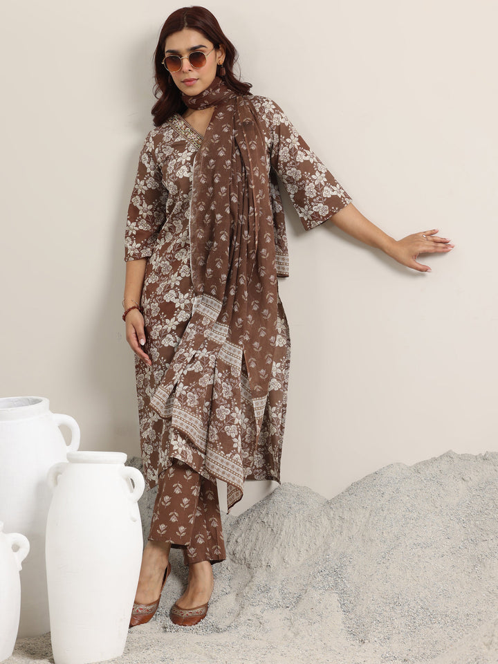 Brown Printed Cotton Straight Suit With Dupatta