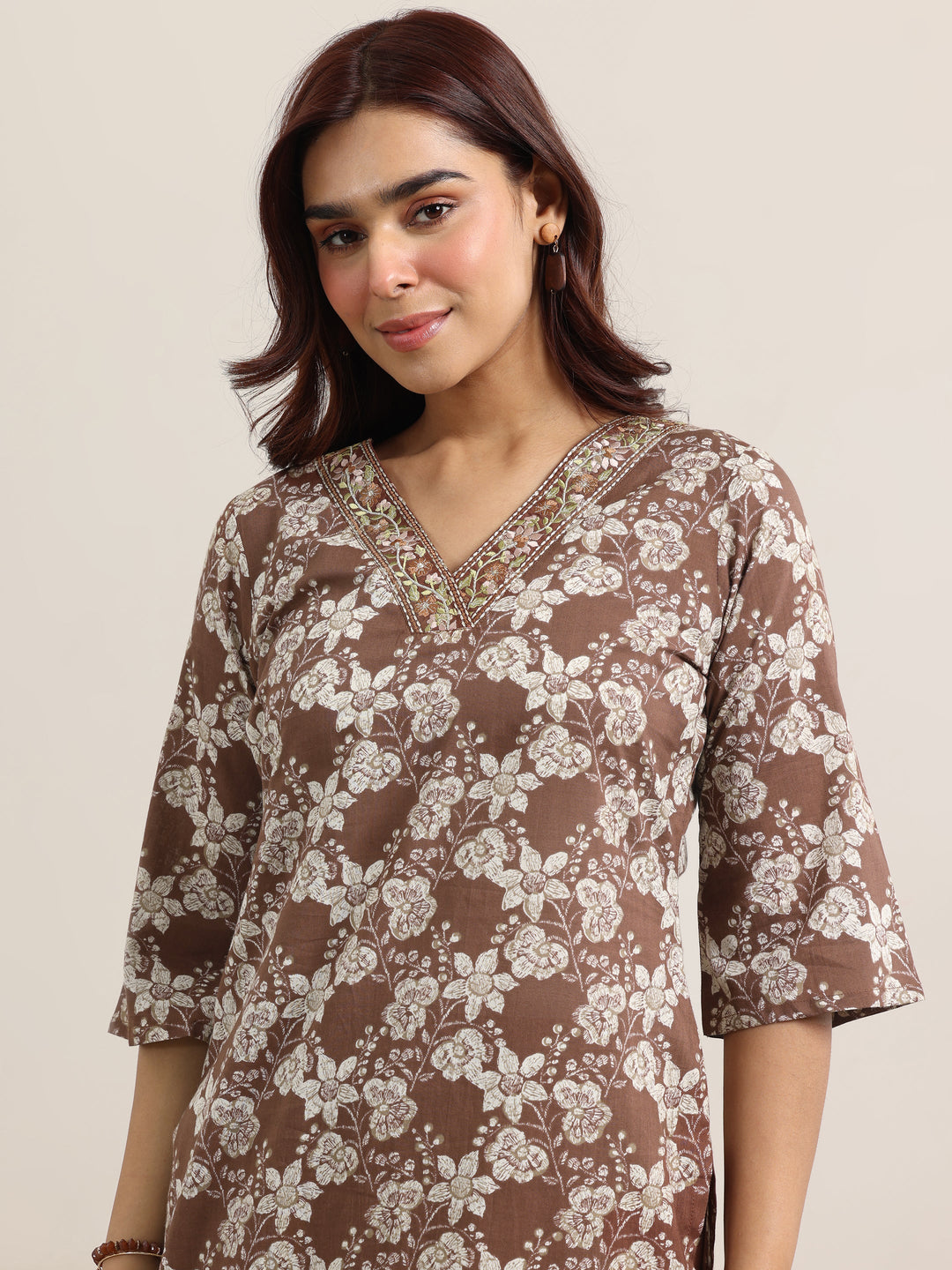 Brown Printed Cotton Straight Suit With Dupatta