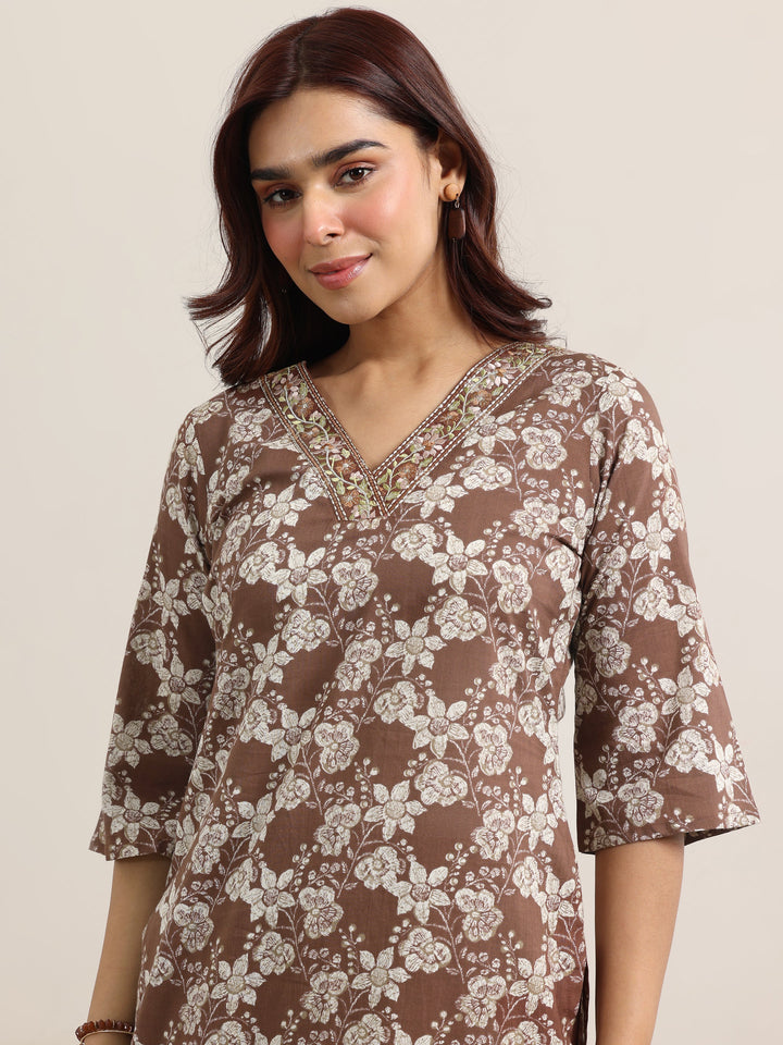 Brown Printed Cotton Straight Suit With Dupatta