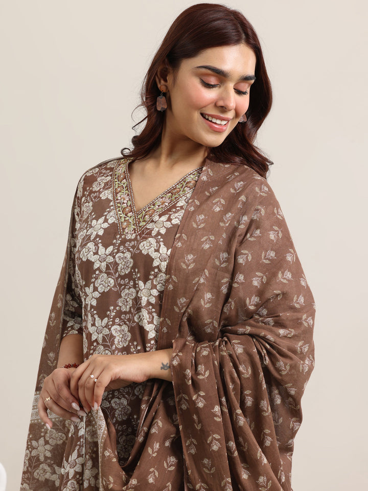 Brown Printed Cotton Straight Suit With Dupatta
