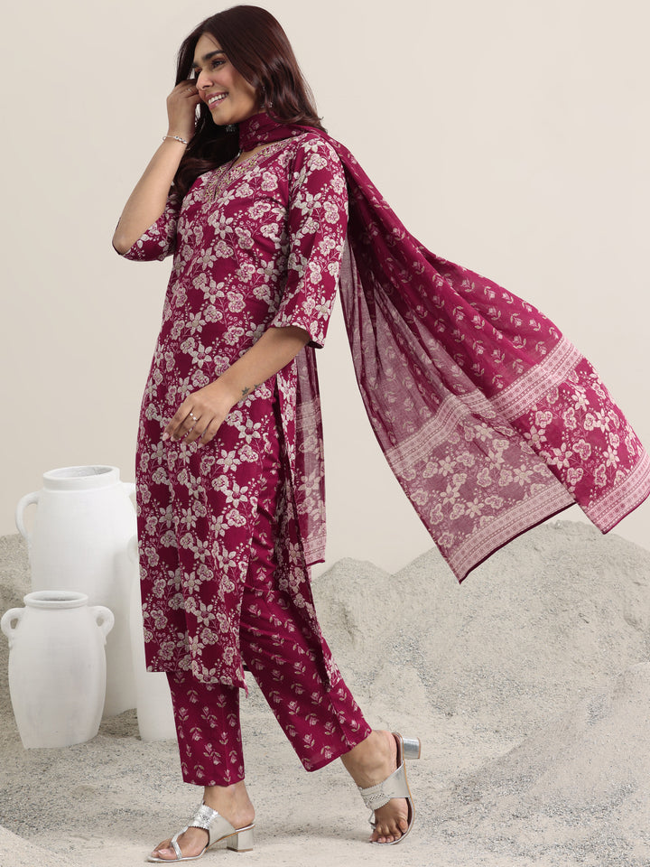 Burgundy Printed Cotton Straight Suit With Dupatta