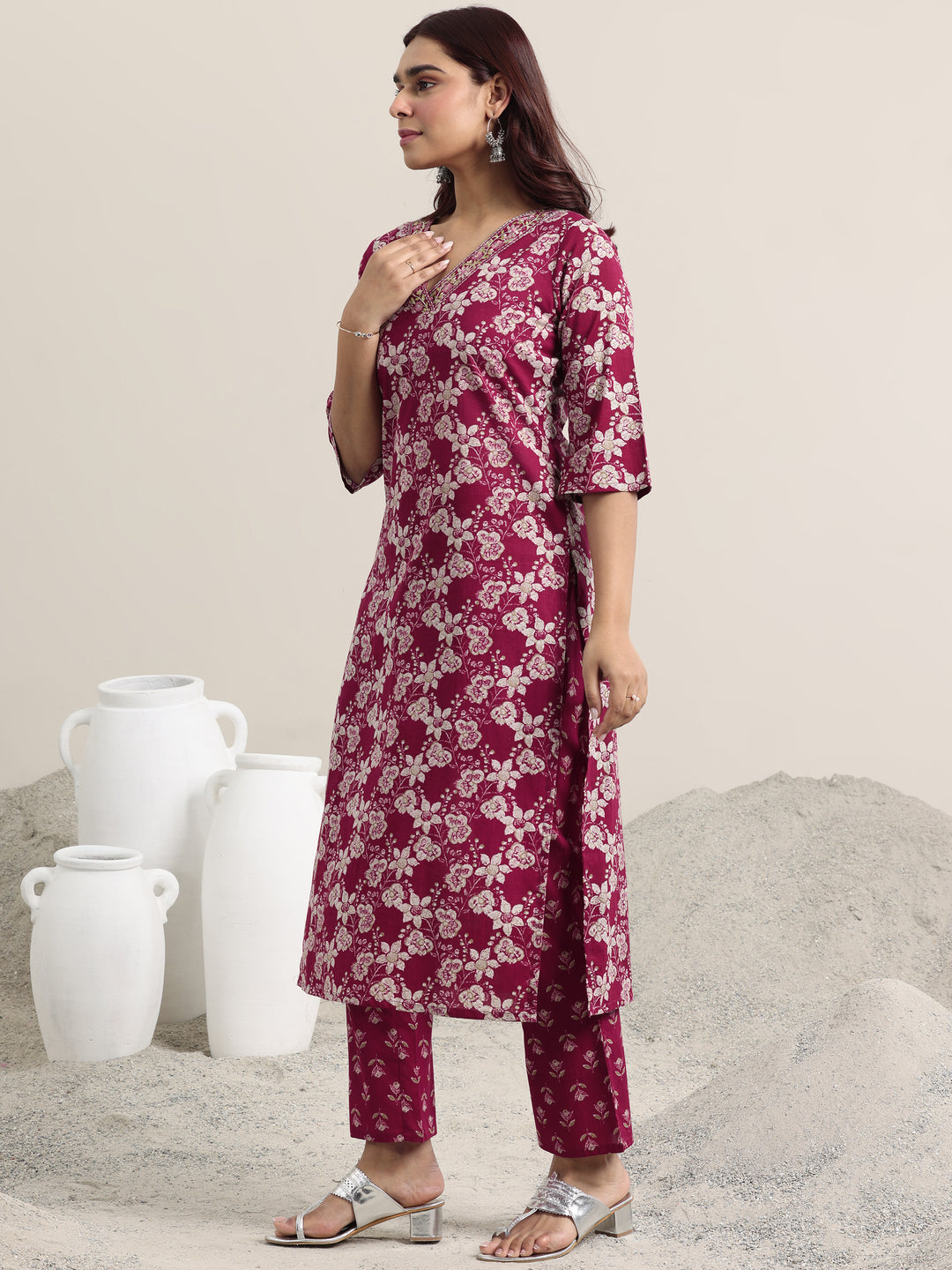 Burgundy Printed Cotton Straight Suit With Dupatta