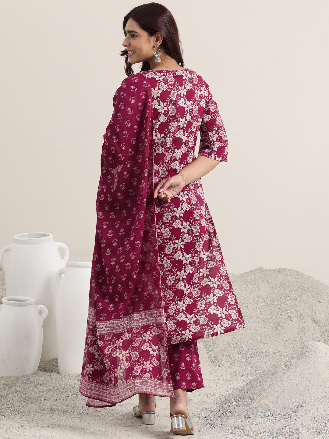 Burgundy Printed Cotton Straight Suit With Dupatta