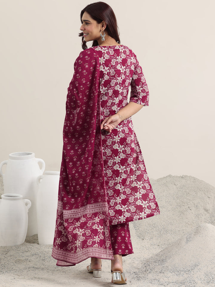 Burgundy Printed Cotton Straight Suit With Dupatta