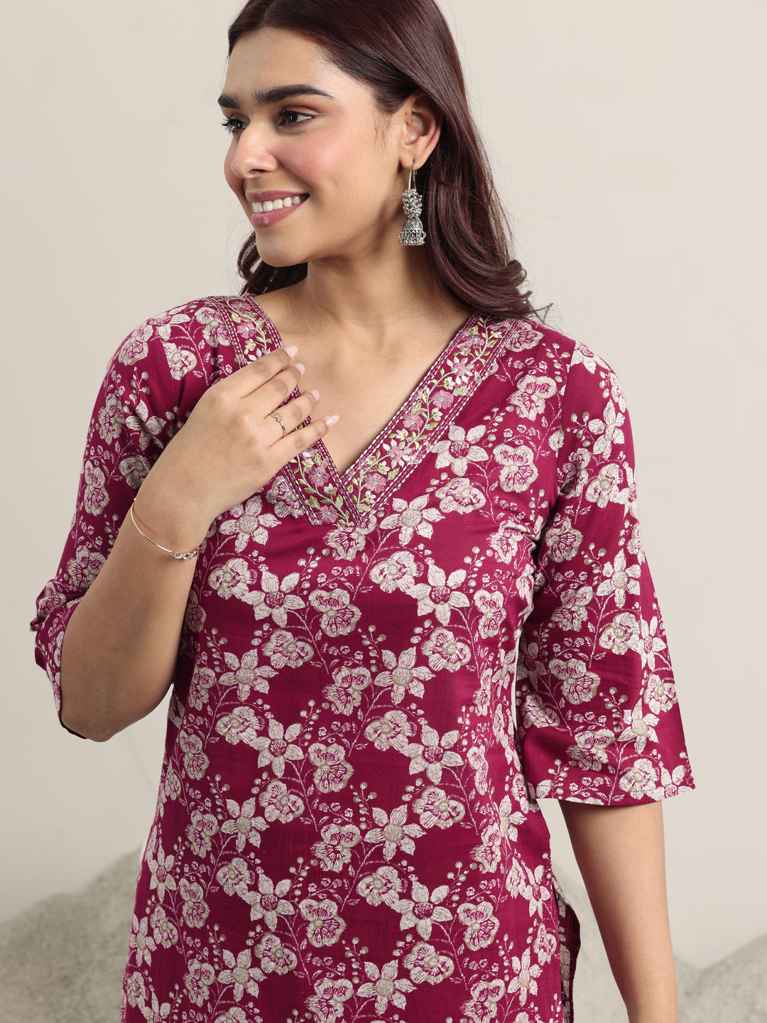 Burgundy Printed Cotton Straight Suit With Dupatta