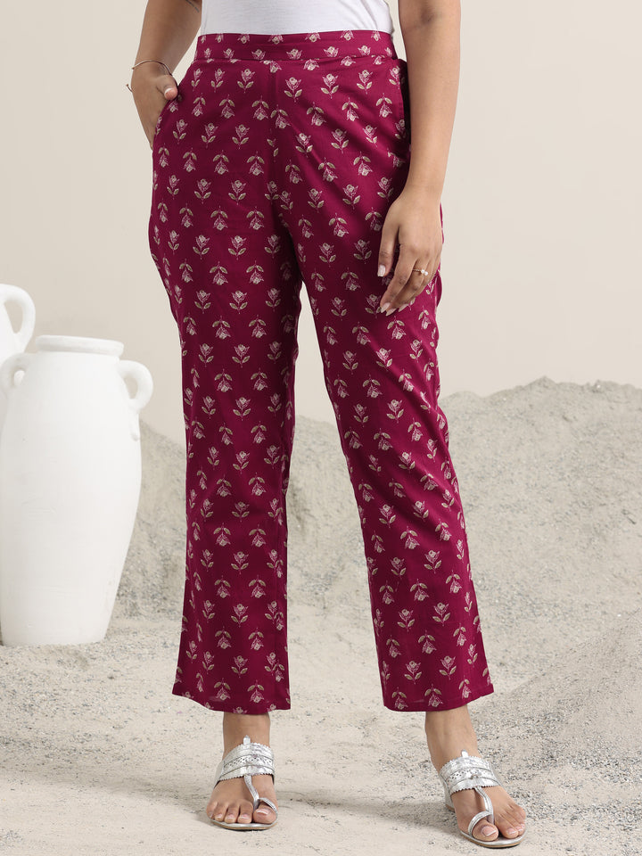 Burgundy Printed Cotton Straight Suit With Dupatta