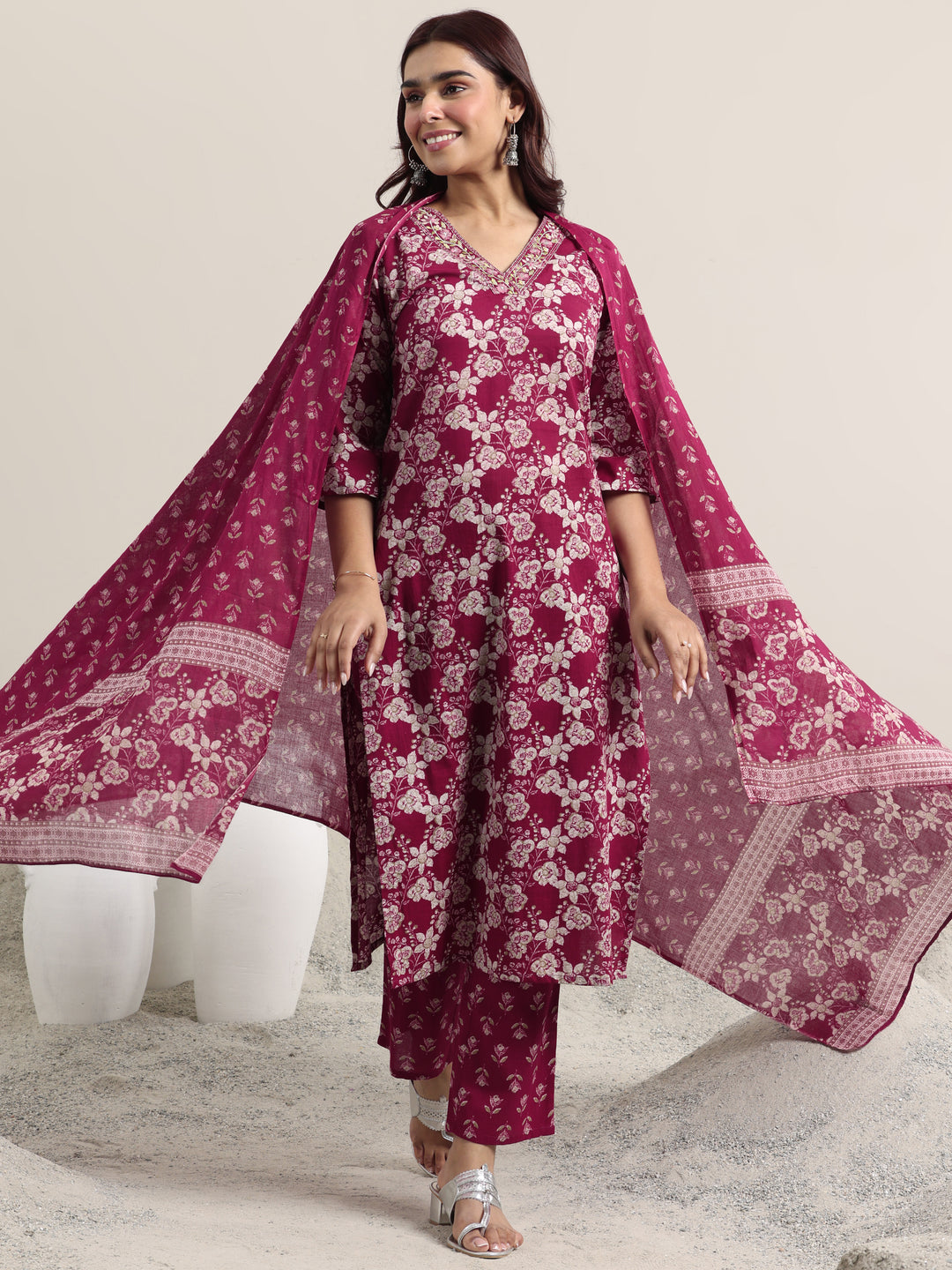 Burgundy Printed Cotton Straight Suit With Dupatta